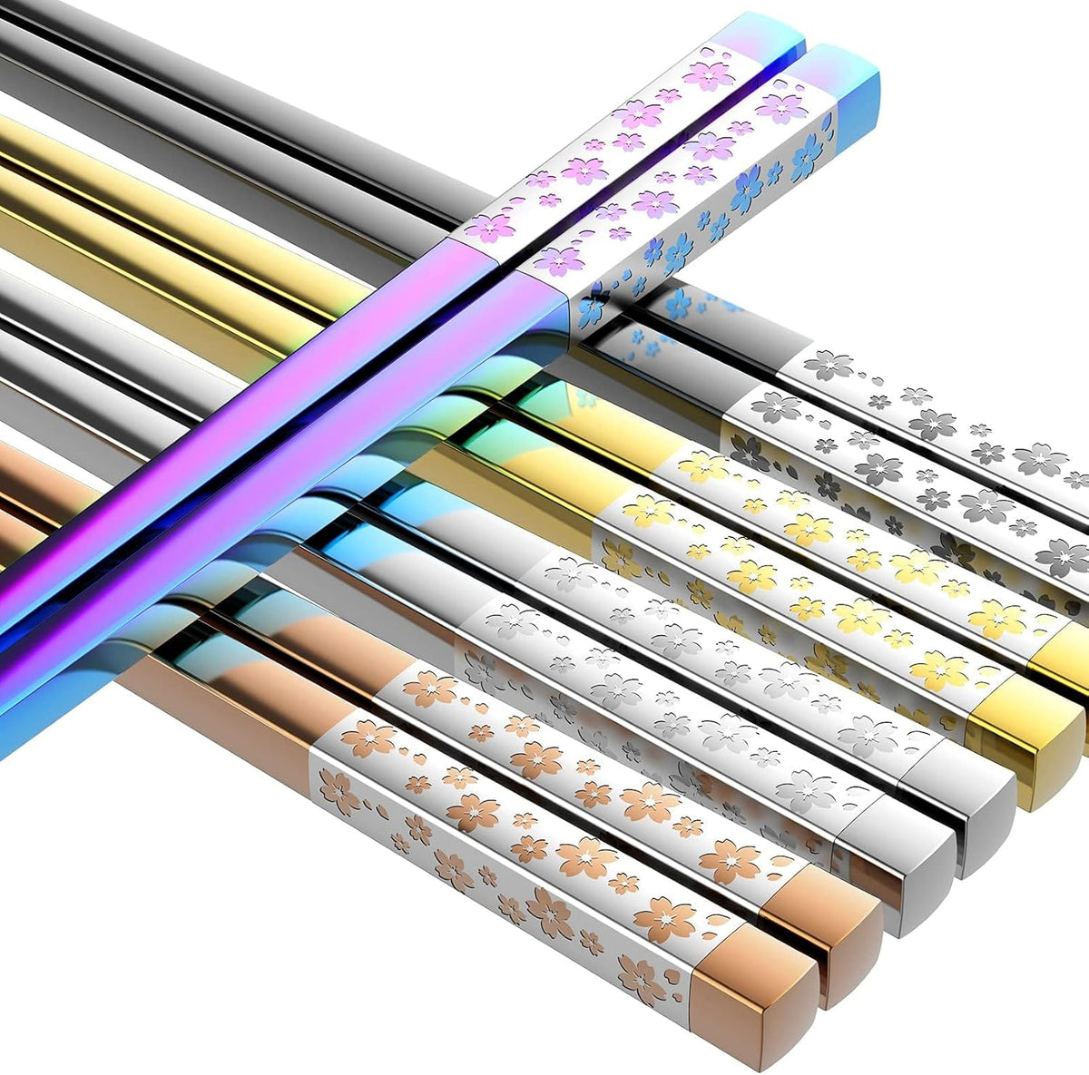 Metal Chopsticks Reusable 5 Pairs Multicolor Stainless Steel Chopsticks Dishwasher Safe Square Lightweight Non-Slip Chop Sticks Present Set