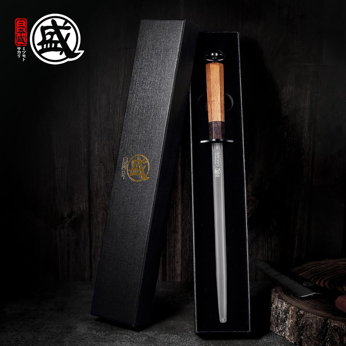 MITSUMOTO SAKARI 10 Inch Round Honing Rod, Japanese High Carbon Honing Steel (Sourwood Handle)