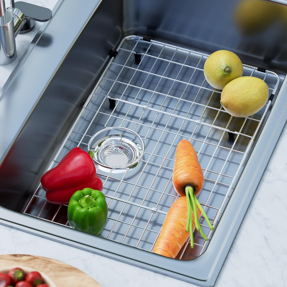 iPEGTOP Sink Bottom Grid, 3-Piece Stainless Steel Sink Protector 26-1/8" x 14-1/8" Rear Drain Hole, Sink Grate Sink Rack for Bottom of Kitchen Sink Single Sink Bowl with Sink Hole Cover