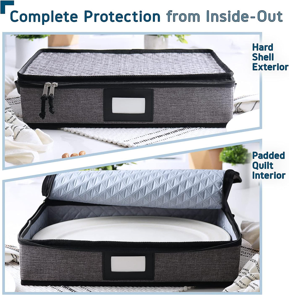 Platter Storage Case, Fine China Storage Containers Hard Shell, Quilted and Stackable 16”x 12.5”x 3.5” Platter Storage Container with Zipper, Handles and Felt Dividers for Moving and Seasonal Storage
