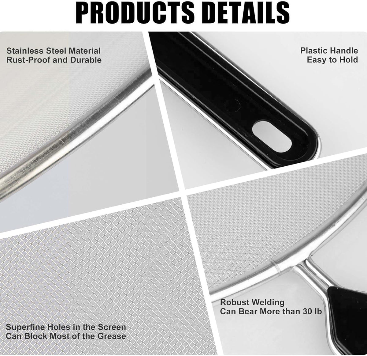 Splatter Screen for Frying Pan, Grease Splatter Guard, Stainless Steel Splatter Guards for Frying with Long Handle, Kitchen Oil Splash Guard Cooking Shield, Fine Mesh Strainer (Black, 12 inch)