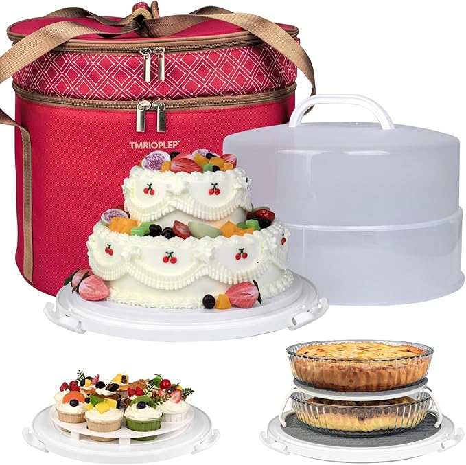 12 Inch Cake carrier Container with Lid and Handles Includes Insulated Bag for Safe Transportation of Buttercream Doesn't Melt Easy for Cakes, Pies and Cupcakes (Red)