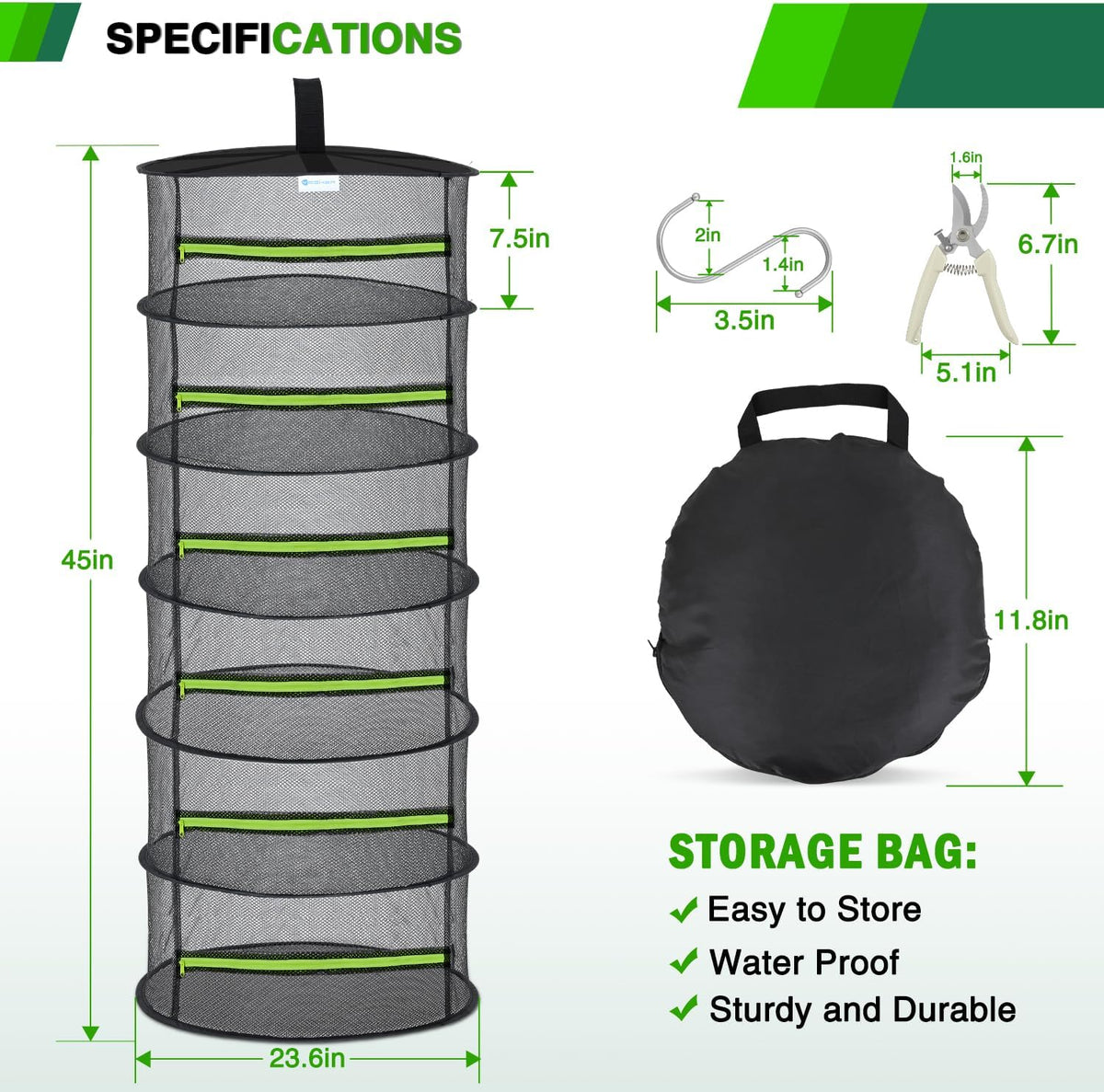 Yesker 6 Layer Herb Drying Rack Hanging Mesh Net Foldable Plant Drying Racks 24" w Green Zipper Pruning Shears Dryer Hanging Rack for Herbs Seed Bud Fruit Clothes Grow Tent Closet Garden Outdoor 2 PCS