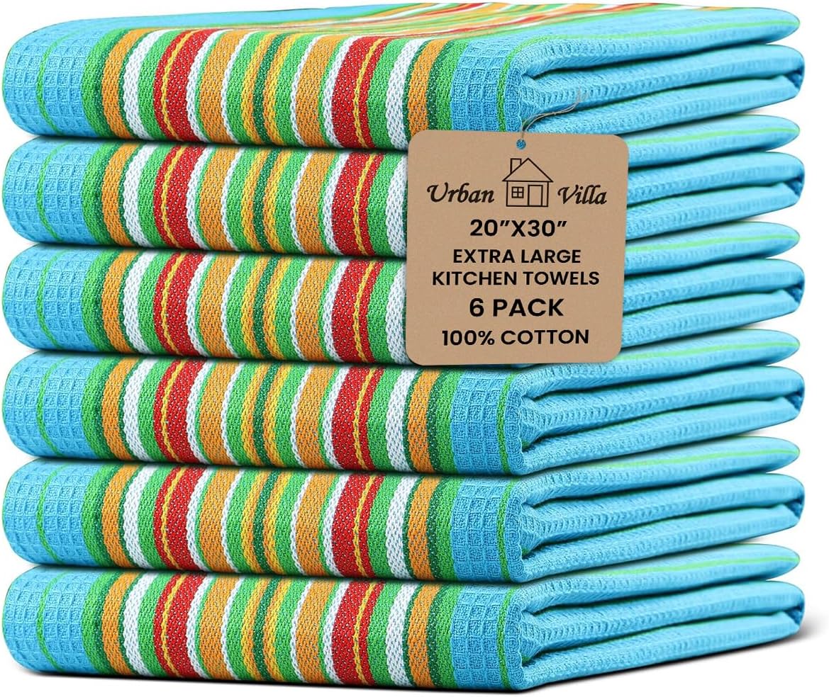 Urban Villa Kitchen Towels Waffle Stripes Dish Towels for Kitchen Azure Color Set of 6 Kitchen Towels Highly Absorbent Cotton Over Sized 20X30 in with Mitered Corners Kitchen Hand Tea Towels