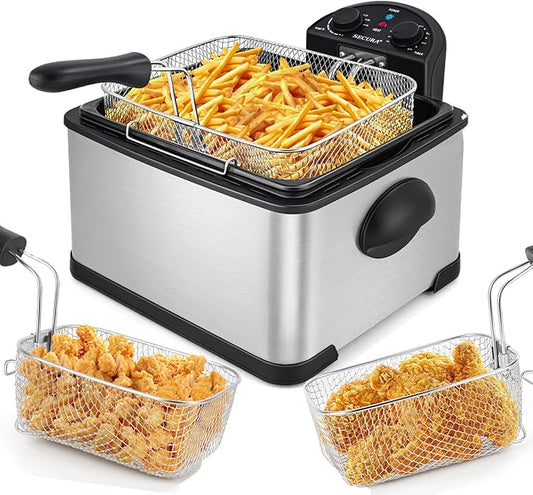 Secura 4 Liters / 17-Cup Stainless-Steel 1700-Watt Electric Deep Fryer with Timer Free Extra Odor Filter, Triple Basket, 4.5 Quarts, Silver