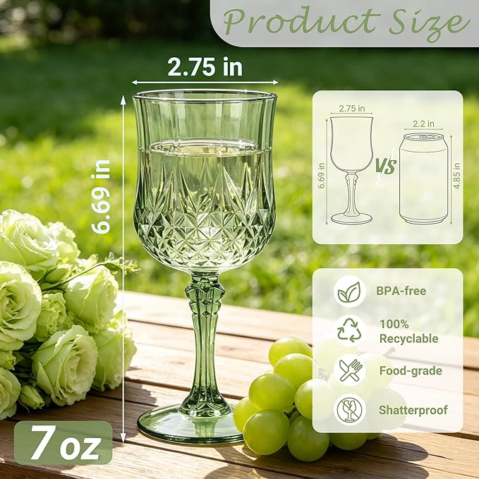 Plastic Wine Glasses, Plastic Goblets Vintage Style Cordial Unbreakable Drinking Glasses, Reusable Drinkware for Wedding Reception, Grand Event Party Supplies (48, New Green)