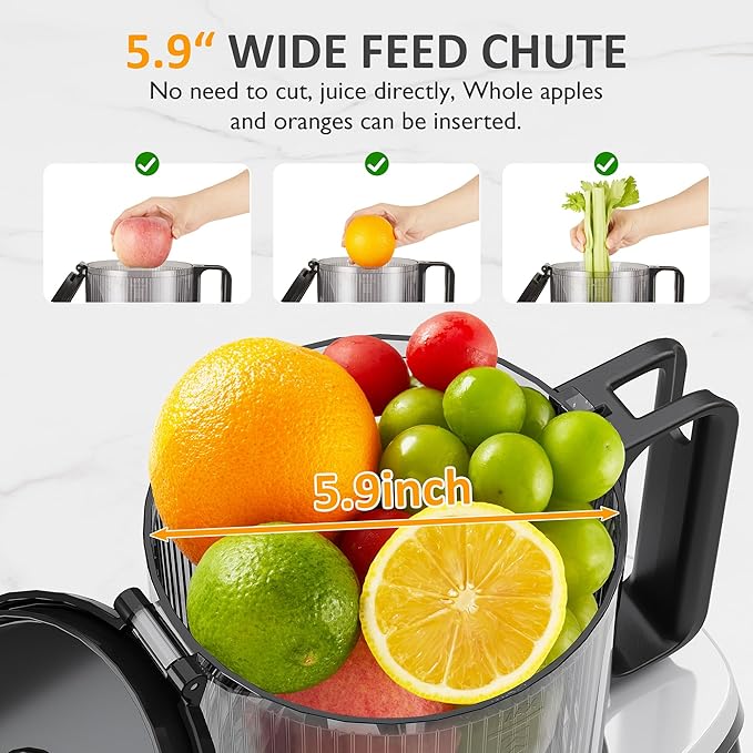 Sunvivi Cold Press Juicer with 5.9" Wide Feed Chute, 250W Slow Masticating Juicer Machines Fit Whole Vegetables & Fruits, Easy to Clean, Dual-Layer Strainer, High Yield Juicer for Home, Black