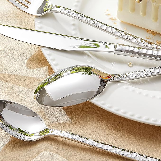 KINGSTONE 30 Piece Hammered Silverware Set, 18/10 Stainless Steel Flatware Set for 6, Cutlery Set for Home, Party, Wedding, Mirror Polished Dishwasher Safe