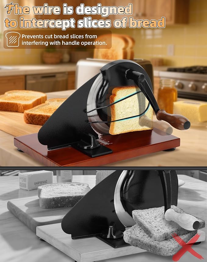 Redants Manual Bread Slicer for Homemade Sourdough Bread, Versatile Hand Crank Bread Slicer, Adjustable Thickness for Smooth Cutting, Food Grade Stainless Steel (Black)