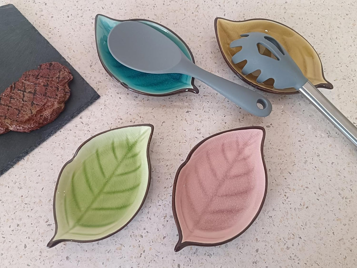 Ceramic Spoon Rest for Stove Top, Ice Cracks Leaf Cute Spoon Rest for Kitchen Counter, Cooking Spoon Holder for Kitchen Counter, Utensil Rest Spatula Rest Ladle Holder Tong Rest, 1 PC (A, Pink)