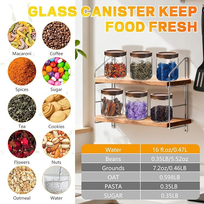 Glass Spice Jars Seasoning Containers Small Glass Jars with Lids Airtight Food Storage Canister for Kitchen Pantry Sugar Tea Coffee Bean Nuts Cookies Herbs Salt (16oz/473ml*6 pack)