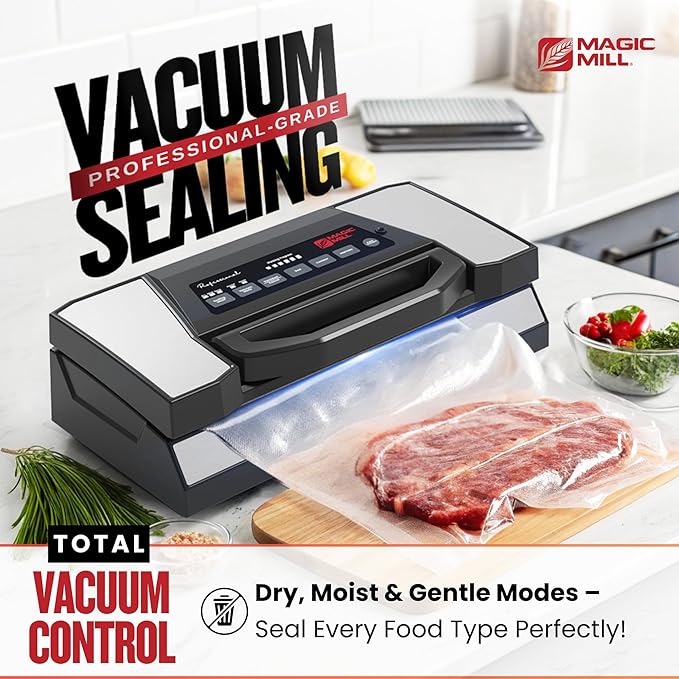 Magic Mill Professional Vacuum Sealer Machine Pro with New Patent Handle MVS-5181 for Food Bags, Marinate Bowls, and Meal Packing Cannister | Vacuum Sealer with Cutter and Jar Attachment
