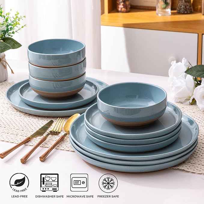 AmorArc Ceramic Dinnerware Sets for 4, 12 Pieces Handpainted Plates and Bowls Set with Rustic Terracotta Underside, Scratch Resistant Stoneware Dishes Set, Dishwasher & Microwave Safe, Stone Blue