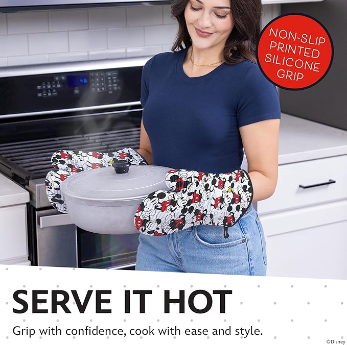 Disney Silicone Oven Mitts Heat Resistant – Set of 2 Long Cuff Cotton Kitchen Mitts with Silicone Grip Stripes, Cute Oven Mitts & Pot Holders for Cooking, Baking & Kitchen Essentials- Mickey