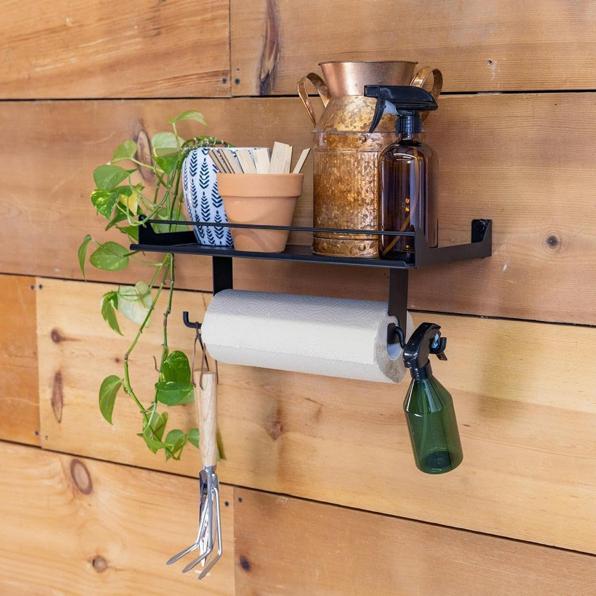 StoreYourBoard Paper Towel Holder Wall Mount with Garage Shelf – Heavy Duty Garage Wall Shelving and Utility Shelves for Workshop Organizers, Paper Towel Storage, & Shelf Use - Black