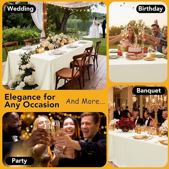 6-Pack Ivory Tablecloths for Square Tables, 70 x 70 Inches, Stain-Resistant Polyester Fabric for 3 Foot Tables - Washable Table Covers for Weddings, Banquets, Birthday Parties, Events