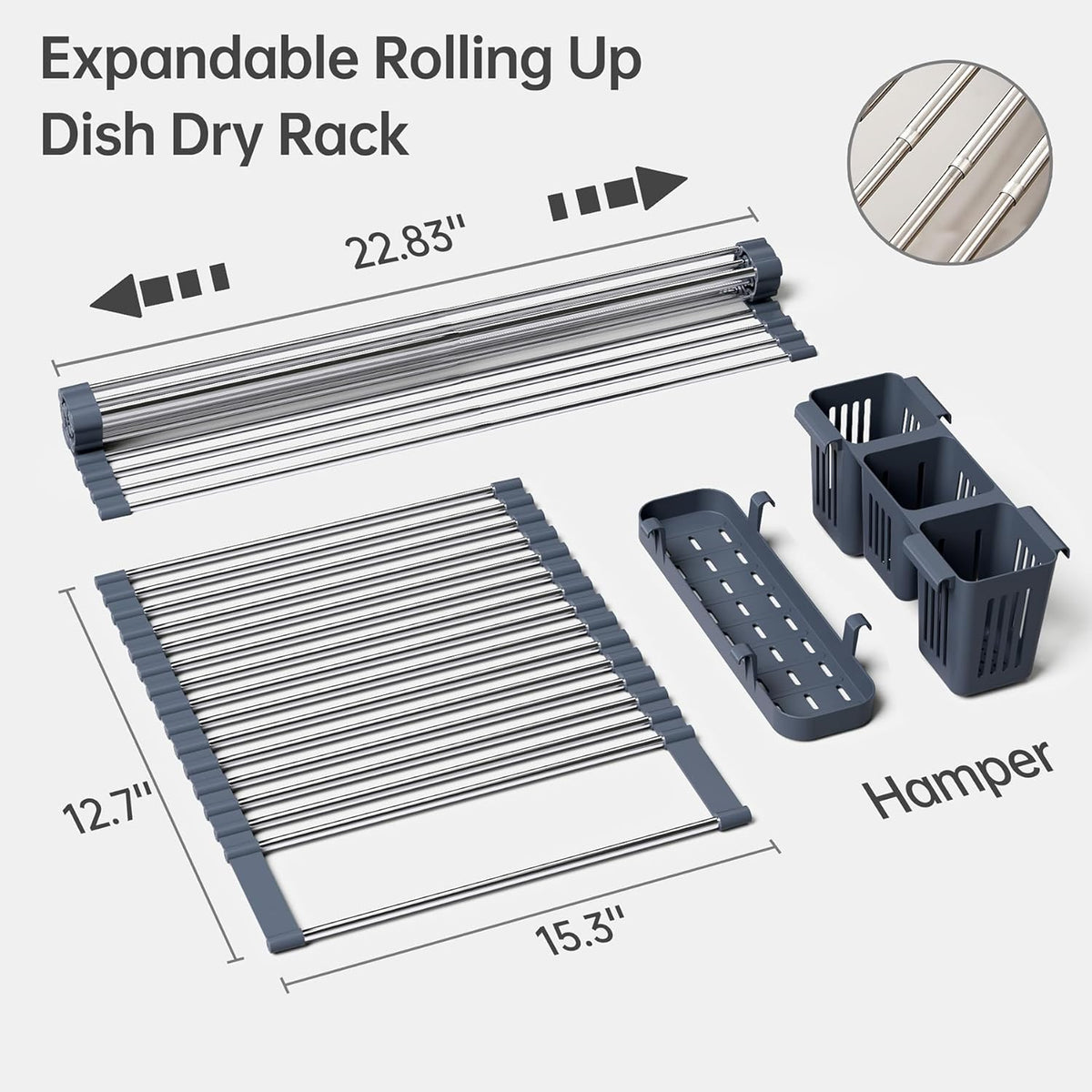 Expandable Over Sink Dish Drying Rack, Large Roll Up Dish Drying Rack with 2 Storage Baskets, Rolling Drain Mats for Kitchen Sink Counter, BPA-Free(12-22 * 15.3'', Blue)