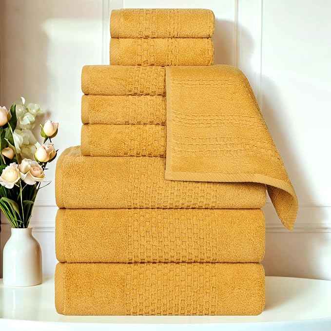 Superior Playa Zero Twist Cotton Medium Weight Towels, for Guest Bath, Bathroom, Shower, Spa, Plush, Quick Dry, Ultra-Soft Towels, Bath Essentials, Waffle Textured, 9 Piece Assorted Towel Set, Gold