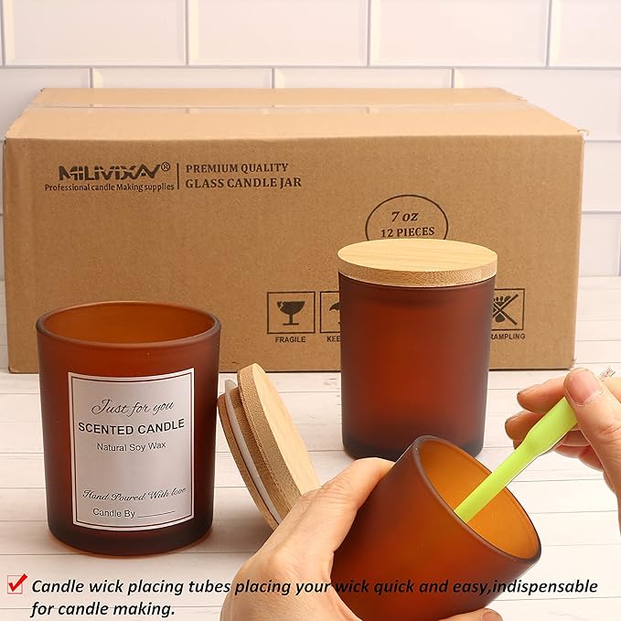 MILIVIXAY 12 Pack 7 OZ Frosted Amber Glass Candle Jars With Lids and Candle Making Kits - Bulk Empty Candle Jars For Making Candles - Spice, Powder Containers.
