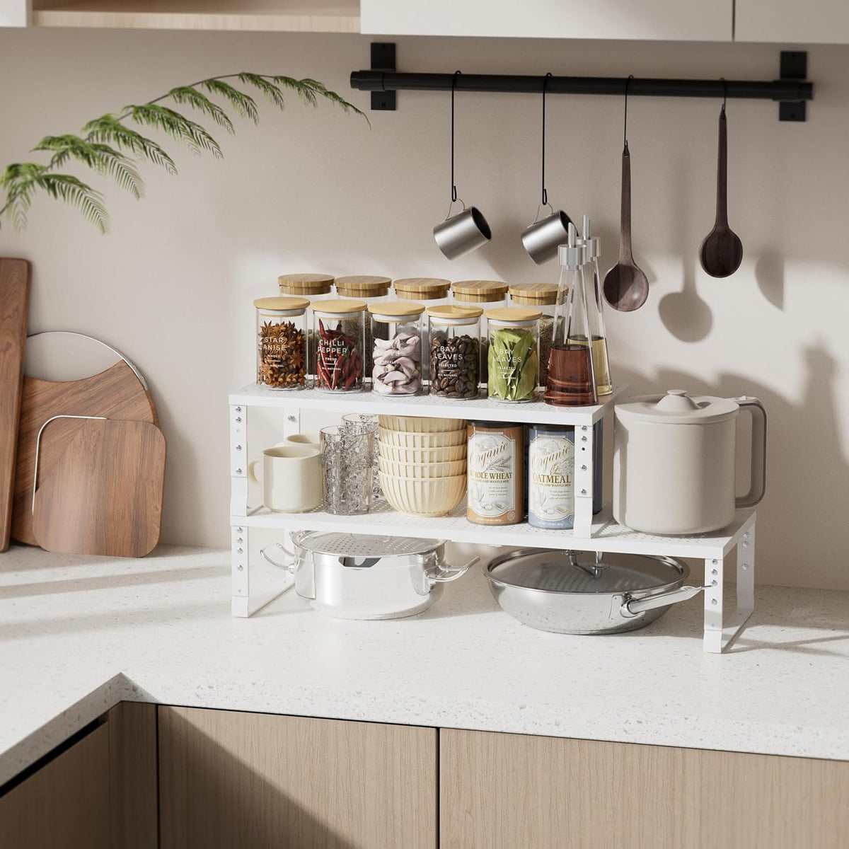 Expandable Spice Rack & Kitchen Cabinet Organizer - Stackable, Adjustable Shelves for Cabinets, Countertops, Cupboards & Pantries(2 Packs/Medium/White)