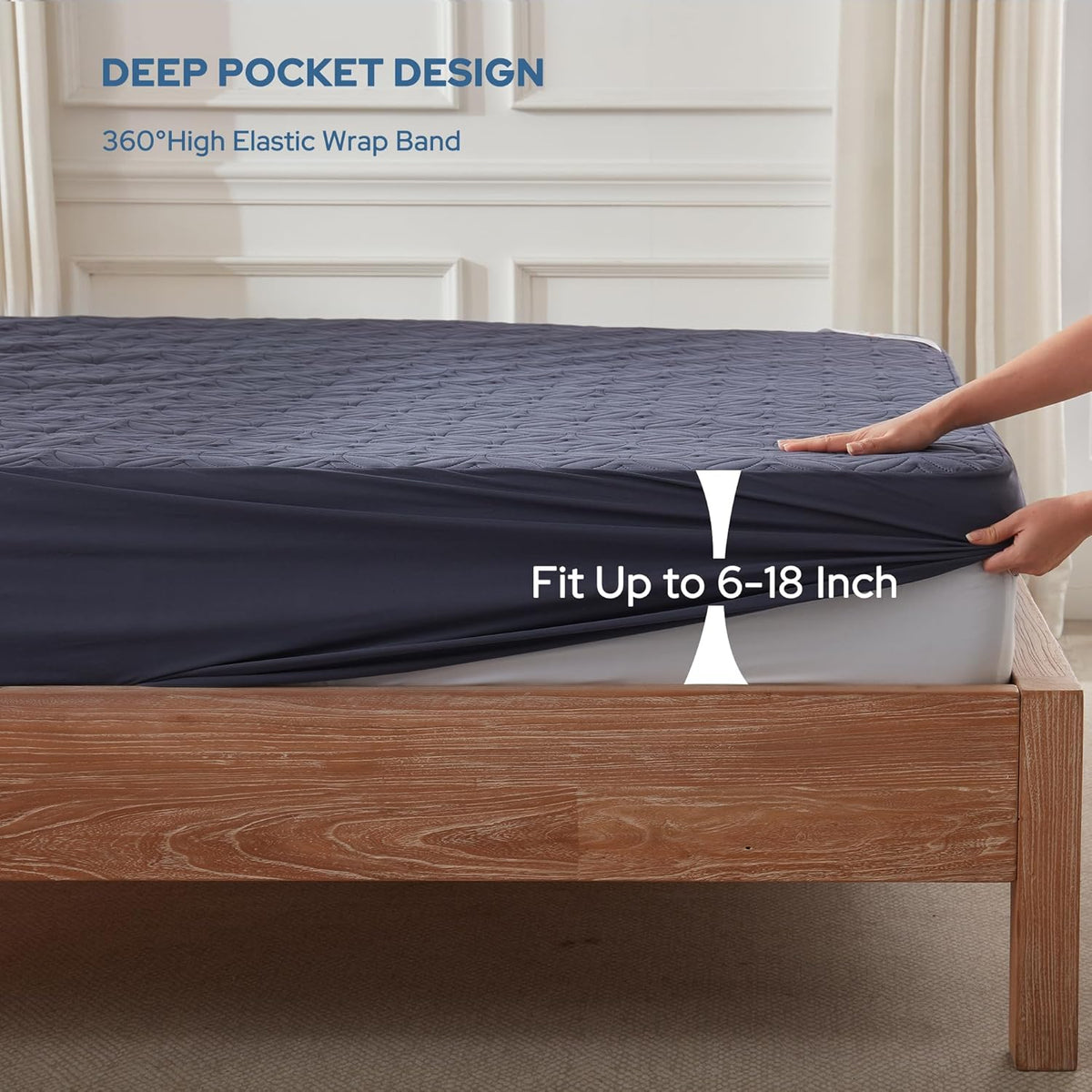 BEDLORE Waterproof Mattress Protector, King Size Mattress Pad with Deep Pocket 6"-18" Depth, Soft Dirt-Proof Double Bed Mattress Cover for Bedroom, College Dorm, Hotel (Navy Blue)