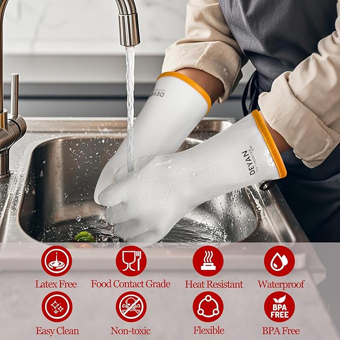 DEYAN Silicone BBQ Gloves - 600°F Heat Resistant Oven Mitts for Grilling, Smoking & Baking - Waterproof, Oil Proof Non-Slip Kitchen Gloves for Cooking, Frying, BBQ Accessories (White, 10/XL)