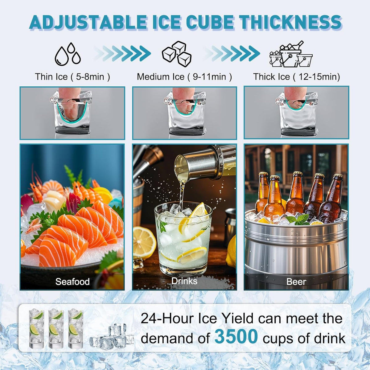 Commercial Ice Maker Machine 550LBS/24H with 185LBS Large Ice Storage Bin, 162Pcs Clear Ice Cubes in 11Mins, Stainless Steel Under Counter Industrial Ice Machine for Bar, Restaurant Business