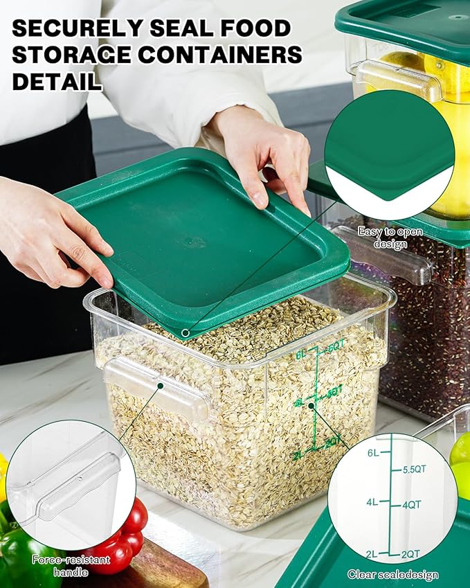 2QT4QT NSF Food Storage Containers: 6PCS [Food Grade][Hot&Cold Resistant] Commercial Clear Food Storage Containers with Lids for Restaurant Kitchen Proof Dough, Measuring Spoons Included(GREEN)