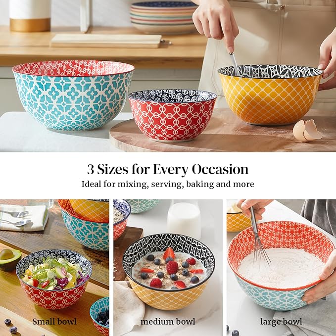 DOWAN Mixing Bowls, Ceramic Mixing Bowls for Kitchen, Colorful Vibrant Nesting Bowls for Cooking, Baking, Prepping, Serving, Salad, Housewarming Gift, Microwave Dishwasher Safe, 3.7/2/1 Qt, Set of 3