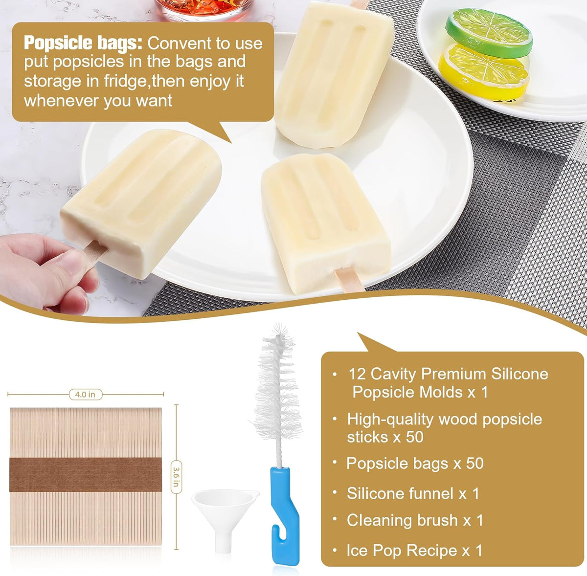 Silicone Popsicles Molds,Ice Pop Cream Mold Set Homemade Toddler Popsicle Maker For Kids Para Paletas De Helado Kulfi BPA Free, with 50 Sticks, 50 Bags,50 wire Ties (Red yellow)
