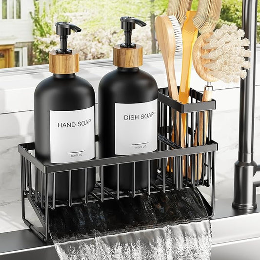 Cisily Kitchen Dish Soap Dispenser Set with 2 Pack 16.9oz Black Glass Bottle and Sponge Holder, Dish Soap Dispensers with Adjustable Sponge Holder, Vintage Hand and Dish Soap Dispensers Set