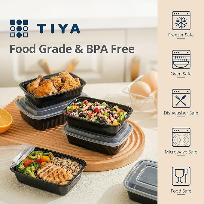 TIYA Food Containers - 32 oz Bulk 150 Pack with Lids - Rectangular Plastic To-Go Containers - Reusable, Microwavable, Dishwasher Safe - Leak-Proof for Meal Prep - BPA-Free