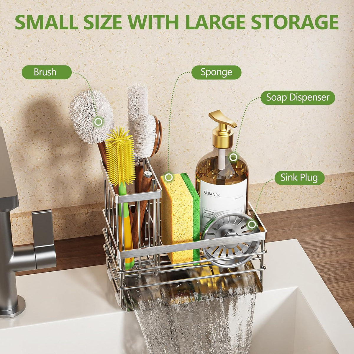 Cisily Sink Caddy Sponge Holder for Kitchen with Brush Holder and Stainless Steel Self Drain Tray, Rustproof Kitchen Sink Organizer for Sponge, Soap Dispenser Storage Accessories (Stainless Steel)