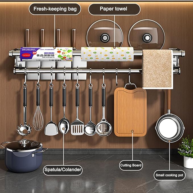 Hanging Wall Mount Knife Wall Mount,Kitchen Utensil Hanger,Space-Saving Kitchen Utensil Rack with Hooks,Kitchen Storage Shelf for Utensils Spatula Spoon, Easy to Clean (Black, 40CM+8Hook)