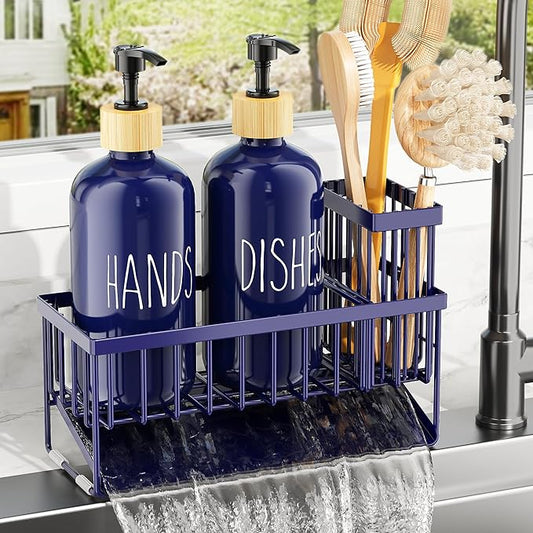 Cisily Navy Blue Kitchen Dish Soap Dispenser, 16 fl Oz Dual Kitchen Soap Dispensers with Sponge Holder, Customized Stainless Steel Kitchen Soap Dispenser Set, Modern Hand and Dish Soap Bottle Set