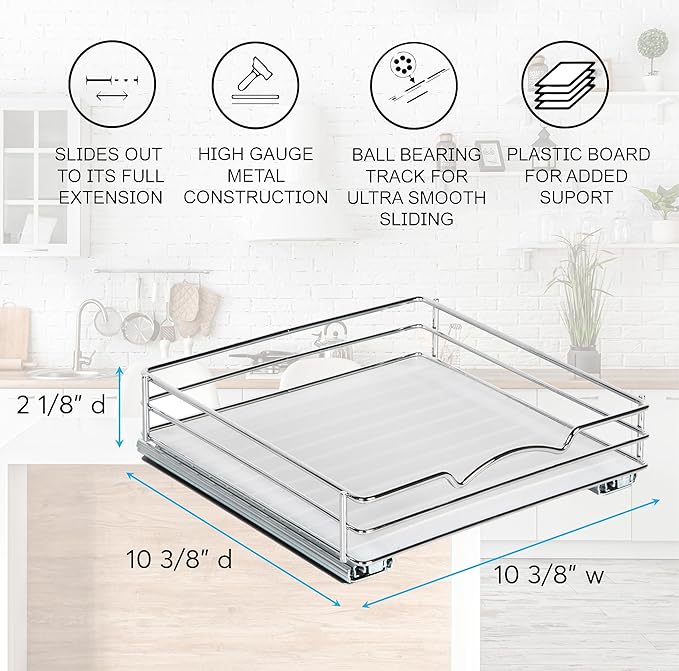 Pull-Out Cabinet Spice Rack Organizer - Slim Slide-Out Storage for Spices, Bottles & Jars, Premium Heavy-Duty Steel, Easy Install for Narrow Kitchen Cabinets - 10 ⅜ W x 10 ⅜ D x 2 ¾ H, Chrome