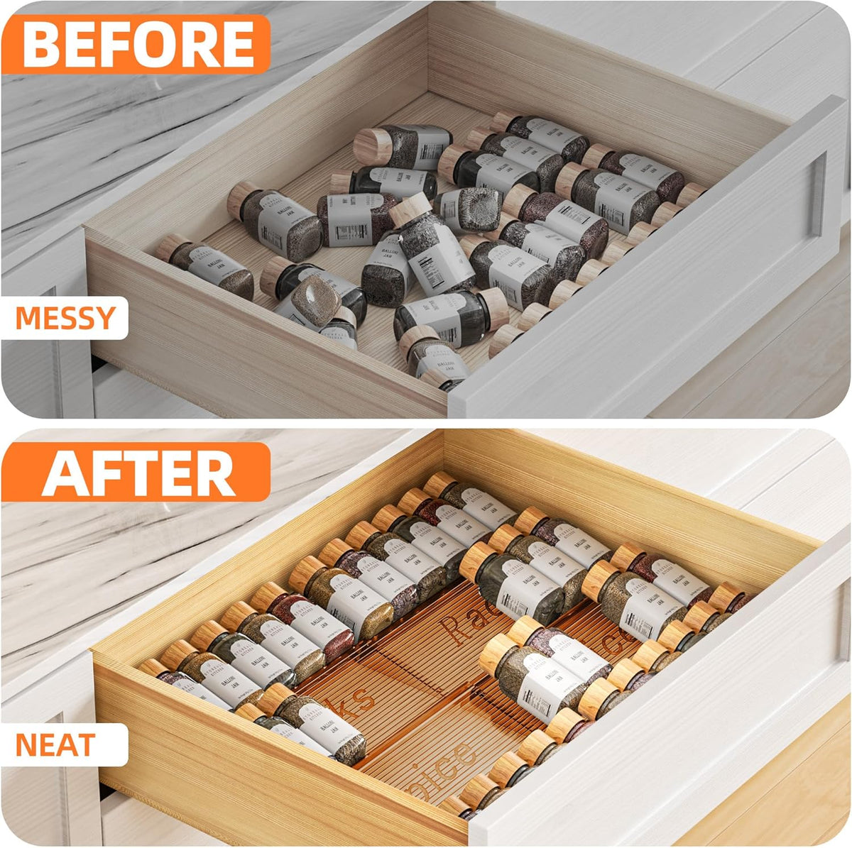 8 Packs Spice Drawer Organizer, 2-Tier Acrylic Drawer Seasoning Organizer, Expandable From 11'' to 22'' Kitchen Spice Rack Organizers and Storage for Drawer (Jars not included), Amber