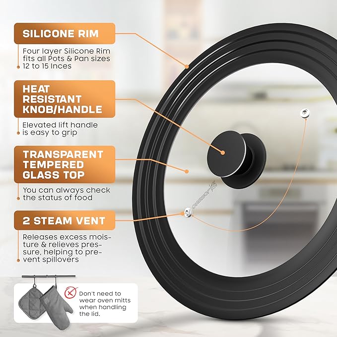 LSR Loreso Universal Pan Lid for Pots Pans and Skillets 12-15 Inch - Tempered Glass Pot Lid with Auto-Sizing Silicone Rim - Black