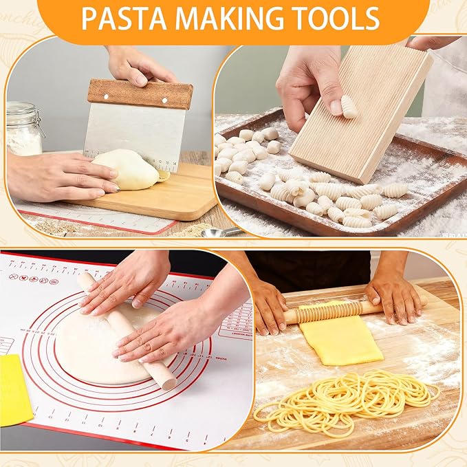 Pasta Making Tools, 10 PCS Pasta Making Kit with 1 Ravioli Maker,3 Rolling Pins,1 Gnocchi Board,1 Ravioli Cutter, 2 Pasta Stamps,1 Dough Cutter, 1 Baking Mat, for Pasta Maker And Kitchen DIY Gift