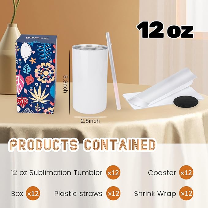Joyclub 12 Pack Sublimation Tumblers Stainless Steel Insulated Bulk 12 oz Sublimation Tumbler Blanks with Lid and Straw, Ideal for DIY Gifts, Tea, Coffee