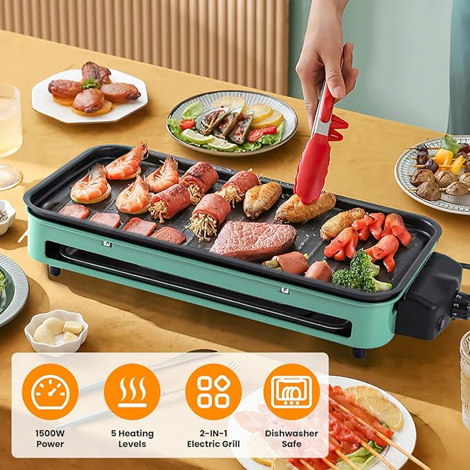 1500W Electric Indoor Grill,2 in 1 Portable Smokeless Indoor Raclette Table Grill,Korean BBQ Grill for Kitchen with Grill Net & Non-Stick Cooking Removable Plate 5 Temperature Control,Dishwasher Safe