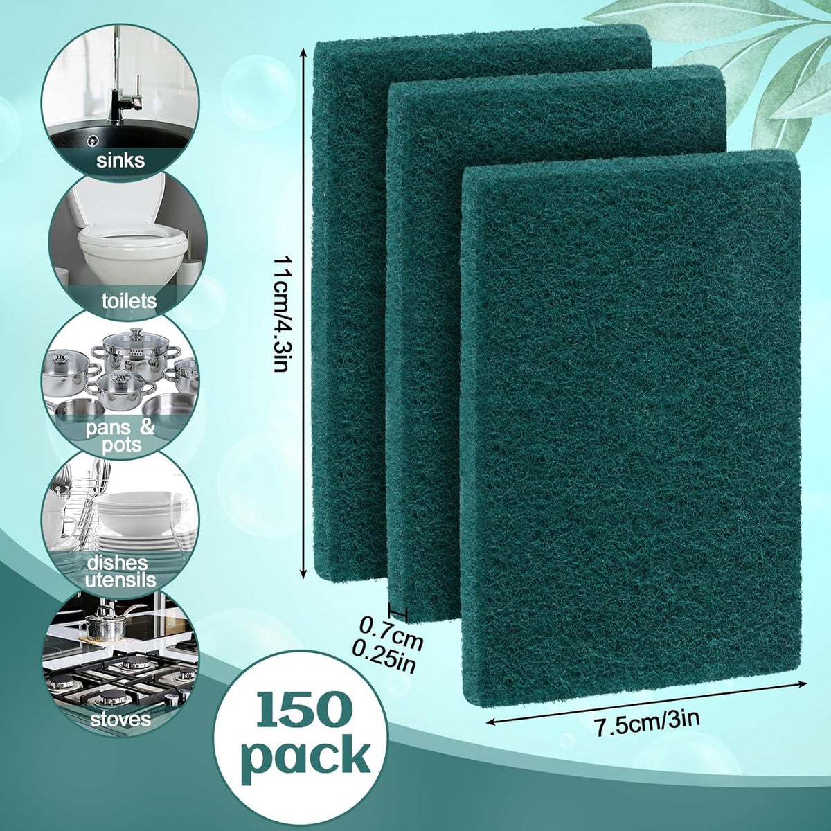 Hoolerry 150 Pcs Heavy Duty Scouring Pads Non Scratch Household Scrub Pads for Cleaning Reusable Pan Scrubber Anti Grease Scrubbing Pads for Dish Kitchen Metal Grills, 4.3 x 3 x 0.3 in (Green)
