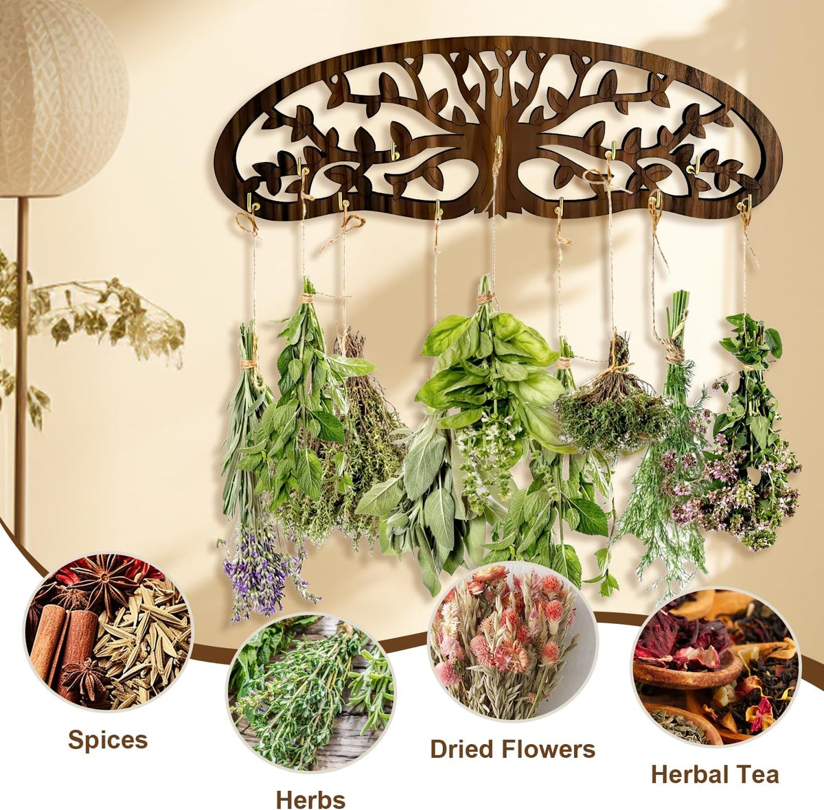 Herb Drying Rack - Wall Mounted Tree Design Holds 11 Bouquets, Space Saving Kitchen Herb & Flower Dryer, Rustic Wooden Hanging Decor for Gardeners, Crafters (dark brown)