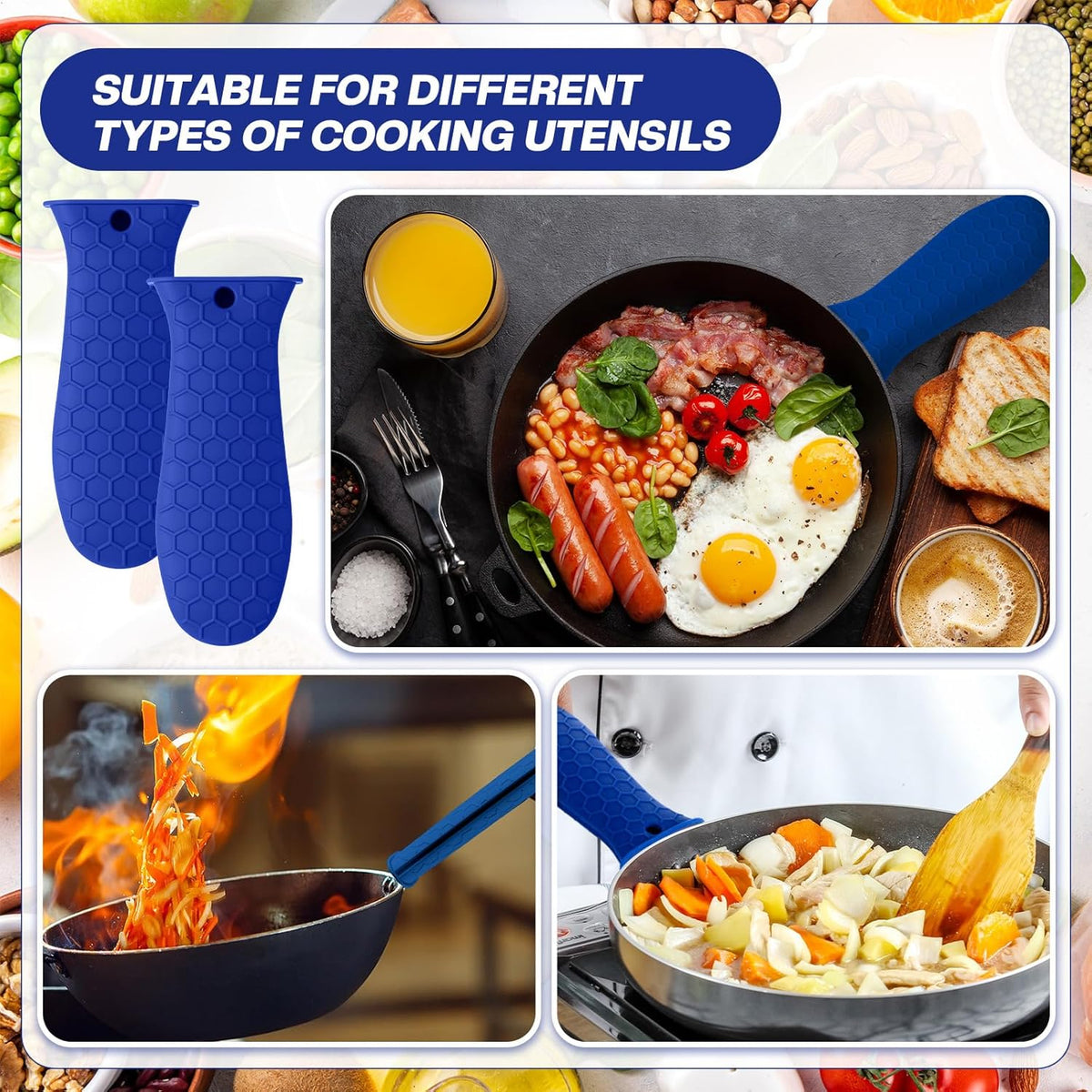 Patelai 2pcs Silicone Handle Cover for Cast Iron Skillet Kitchen Silicone Handles for Pots and Pans Non-Slip Pot Holder Sleeve for Fry Pan Griddles Metal Aluminum Cookware(Blue)