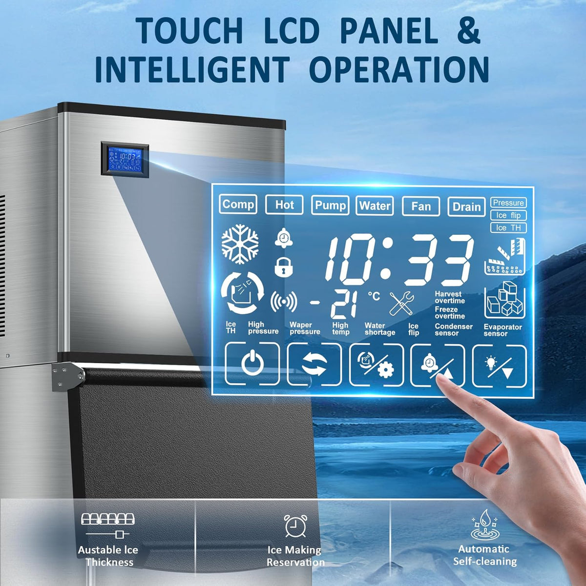 Commercial Ice Maker Machine 500LBS/24H 360LBS Ice Bin LCD Touch Screen Self Cleaning Function Freestanding Ice Maker 156 Counts Ice Ready in 5-10 min Clear Ice Cube for Cafe, Bar, Home