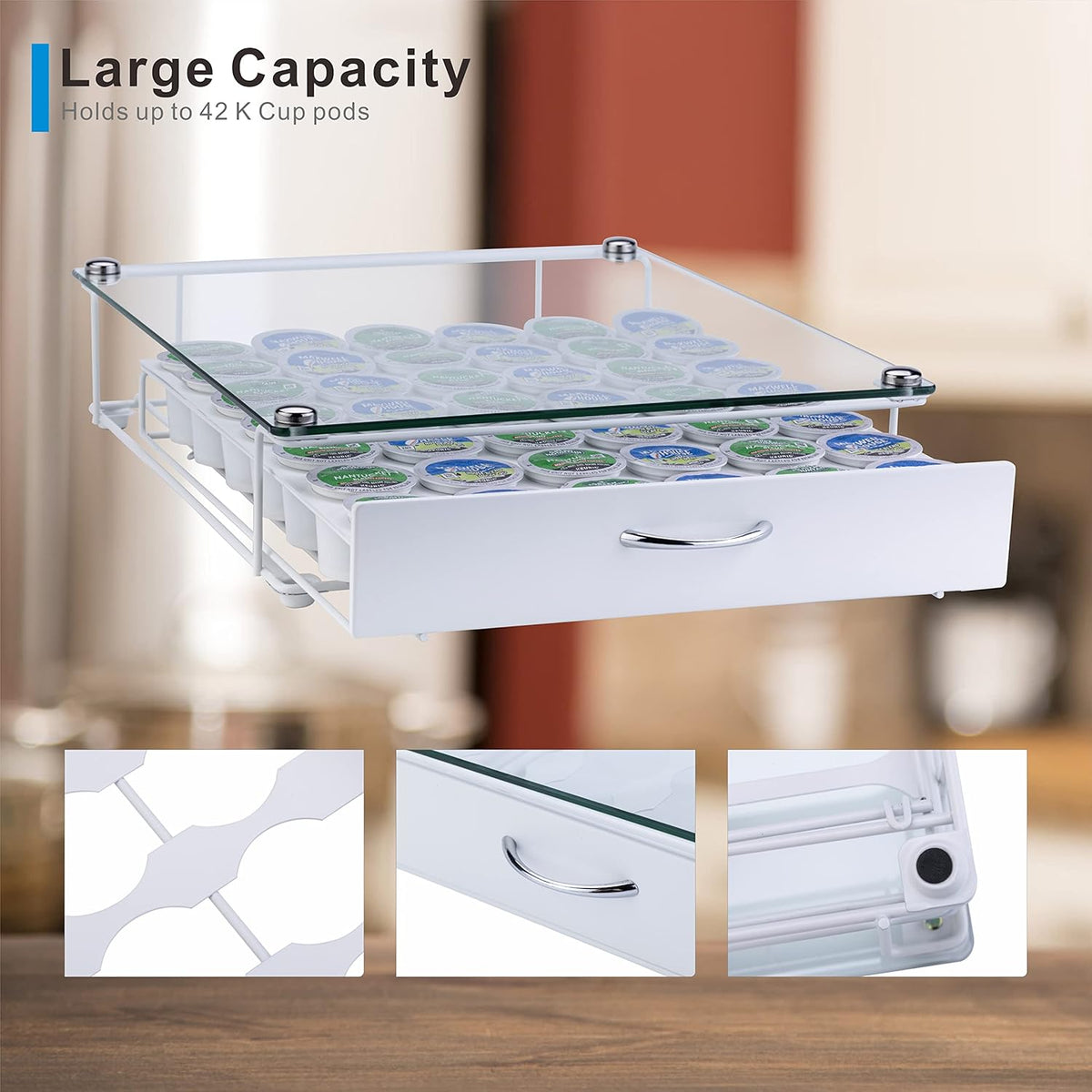 Rice rat K Cup Pod Holde Glass Top Drawer,Coffee Pod Holder Capsule Display Storage compatibility 42 k-cup(white)