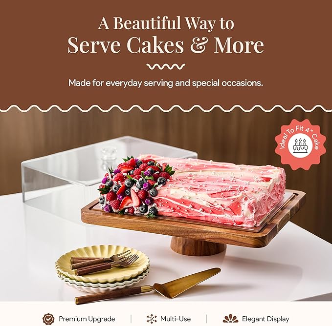 HOMESPHERE Acacia Wood Cake Stand with Lid - Rectangular Cake Holder, 2-in-1 Dessert Table Display Set & Charcuterie Board for Cheese, Chips, Fruit Platter, Large Acrylic Cake Dome Cover, No Glass