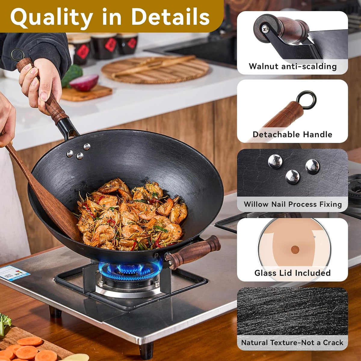 WANGYUANJI Cast Iron Wok,13.4 inch Flat Bottom Wok with Glass Lid,Suitable for All Cooktops, Uncoated Craft Pot Healthy Cooking Pot