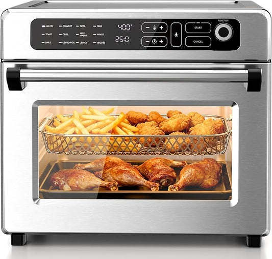 Kismile 25QT Air Fryer Toaster Oven Combo, 12-in-1 Countertop Convection Airfryer Oven, Adjustable 70–450℉ Temperature, Bake, Reheat & Broil, Fits 12″ Pizza, Complete Accessories Included, Silver