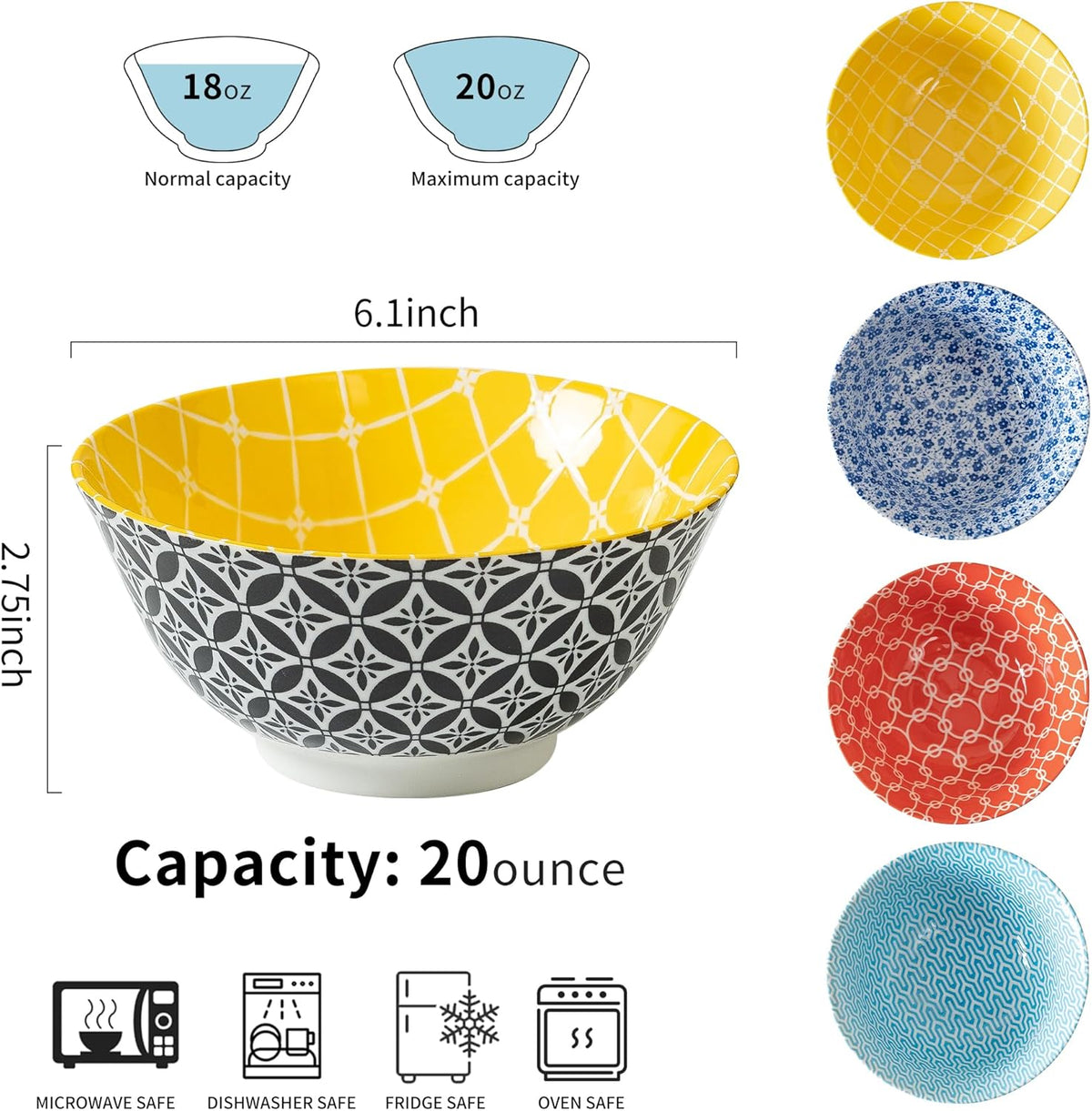 Bowl Set of 4, 23 OZ Large Colorful Bowls Set, 6 Inches Boho Bowls, Bohemia Ceramic Bowls for Kitchen Soup Cereal Salad, Dishwasher and Microwave Safe